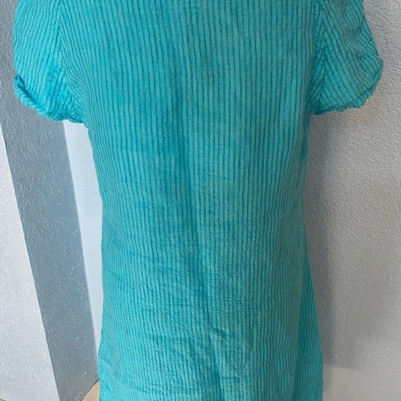 Flax Linen Dress Petite, Short Sleeve Lagenlook Cottage Core, turquoise - Picture 3 of 4
